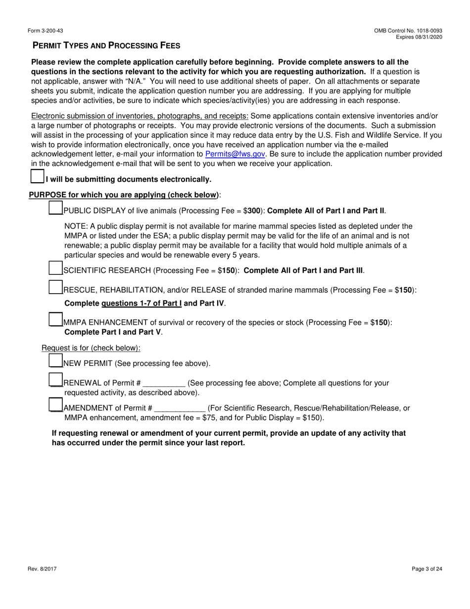 FWS Form 3-200-43 Federal Fish and Wildlife Permit Application Form - Take / Import / Export of Marine Mammals for Public Display, Scientific Research, Enhancement, or Rescue / Rehabilitation / Release Activities or Renewal / Amendment of Existing Permit (Mmpa and / or Esa), Page 3