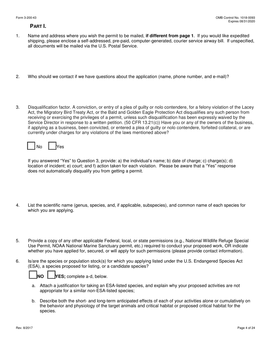 FWS Form 3-200-43 Federal Fish and Wildlife Permit Application Form - Take / Import / Export of Marine Mammals for Public Display, Scientific Research, Enhancement, or Rescue / Rehabilitation / Release Activities or Renewal / Amendment of Existing Permit (Mmpa and / or Esa), Page 4