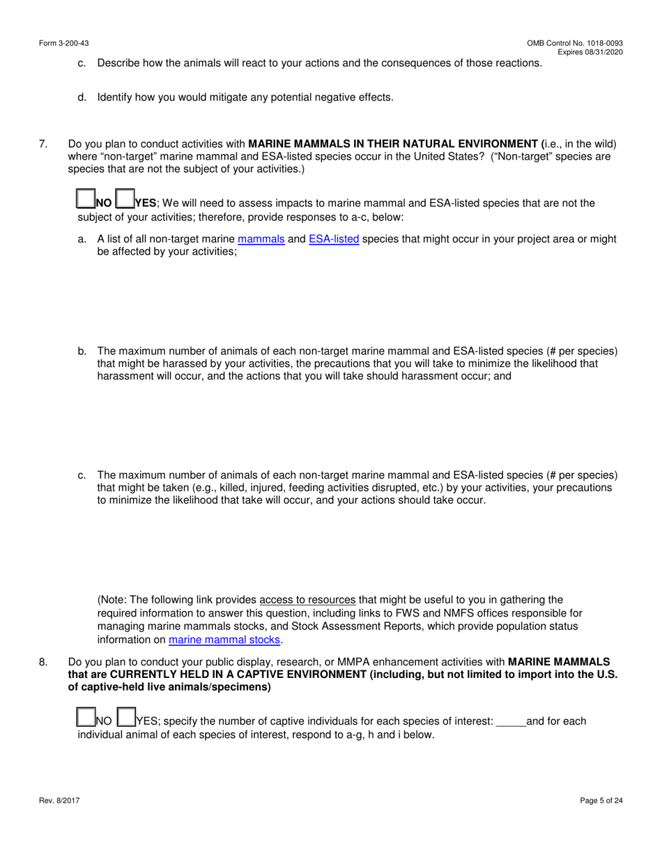 FWS Form 3-200-43 Federal Fish and Wildlife Permit Application Form - Take / Import / Export of Marine Mammals for Public Display, Scientific Research, Enhancement, or Rescue / Rehabilitation / Release Activities or Renewal / Amendment of Existing Permit (Mmpa and / or Esa), Page 5