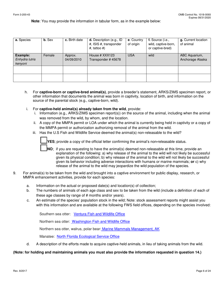FWS Form 3-200-43 Federal Fish and Wildlife Permit Application Form - Take / Import / Export of Marine Mammals for Public Display, Scientific Research, Enhancement, or Rescue / Rehabilitation / Release Activities or Renewal / Amendment of Existing Permit (Mmpa and / or Esa), Page 6