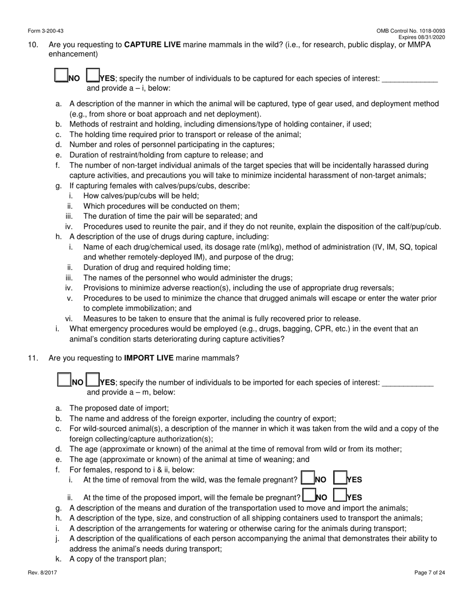 FWS Form 3-200-43 Federal Fish and Wildlife Permit Application Form - Take / Import / Export of Marine Mammals for Public Display, Scientific Research, Enhancement, or Rescue / Rehabilitation / Release Activities or Renewal / Amendment of Existing Permit (Mmpa and / or Esa), Page 7