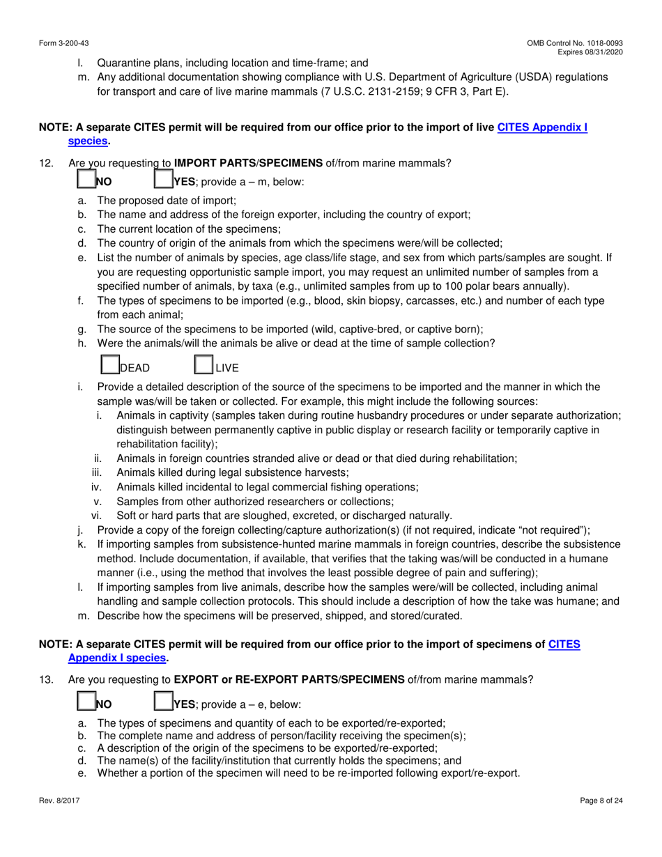 FWS Form 3-200-43 Federal Fish and Wildlife Permit Application Form - Take / Import / Export of Marine Mammals for Public Display, Scientific Research, Enhancement, or Rescue / Rehabilitation / Release Activities or Renewal / Amendment of Existing Permit (Mmpa and / or Esa), Page 8