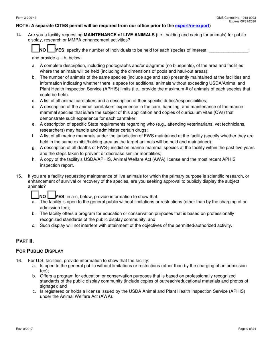 FWS Form 3-200-43 Federal Fish and Wildlife Permit Application Form - Take / Import / Export of Marine Mammals for Public Display, Scientific Research, Enhancement, or Rescue / Rehabilitation / Release Activities or Renewal / Amendment of Existing Permit (Mmpa and / or Esa), Page 9