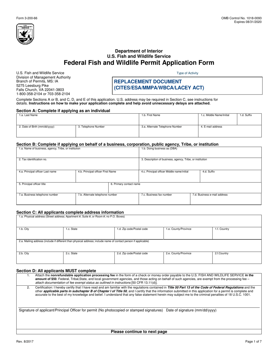 FWS Form 3-200-66 Federal Fish and Wildlife Permit Application Form - Replacement Document (Cites/Esa/Mmpa/Wbca/Lacey Act), Page 1