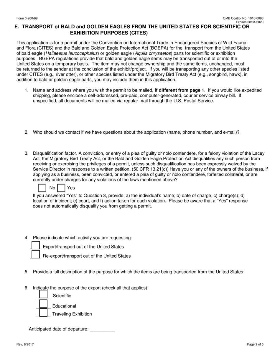 FWS Form 3-200-69 License / Permit Application Form: Transport of Bald and Golden Eagles From the U.S. for Scientific or Exhibition Purposes Under Cites, Page 2