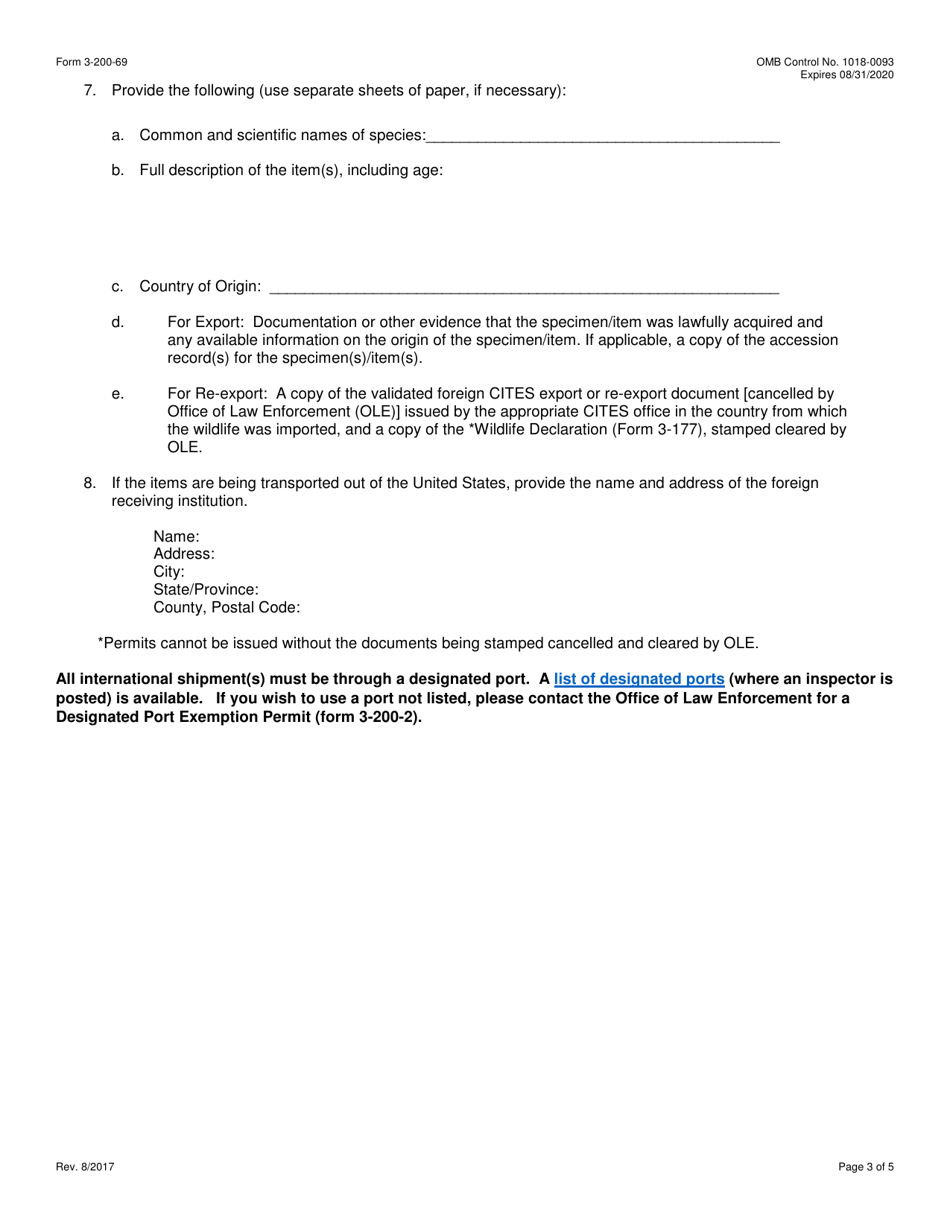 FWS Form 3-200-69 License / Permit Application Form: Transport of Bald and Golden Eagles From the U.S. for Scientific or Exhibition Purposes Under Cites, Page 3