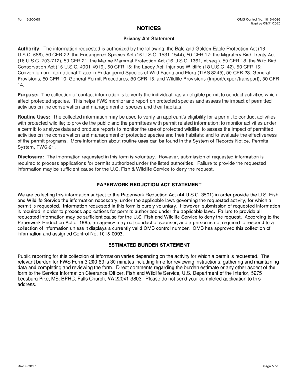 FWS Form 3-200-69 License / Permit Application Form: Transport of Bald and Golden Eagles From the U.S. for Scientific or Exhibition Purposes Under Cites, Page 5
