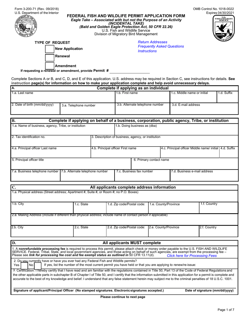 FWS Form 3-200-71 Federal Fish and Wildlife Permit Application Form - Eagle Take  Associated With but Not the Purpose of an Activity (Incidental Take), Page 1