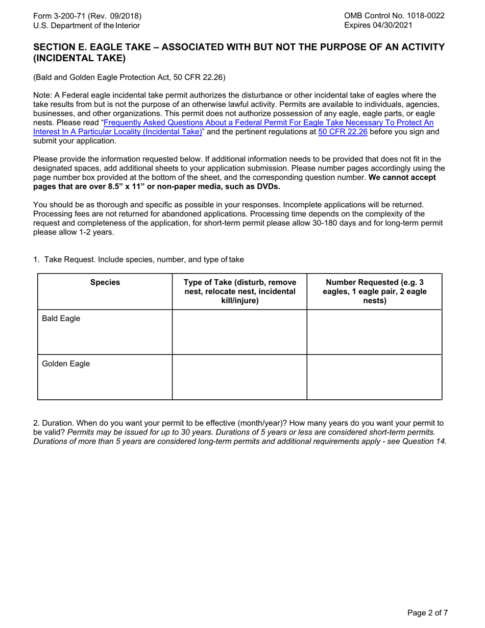 FWS Form 3-200-71 Federal Fish and Wildlife Permit Application Form - Eagle Take  Associated With but Not the Purpose of an Activity (Incidental Take), Page 2