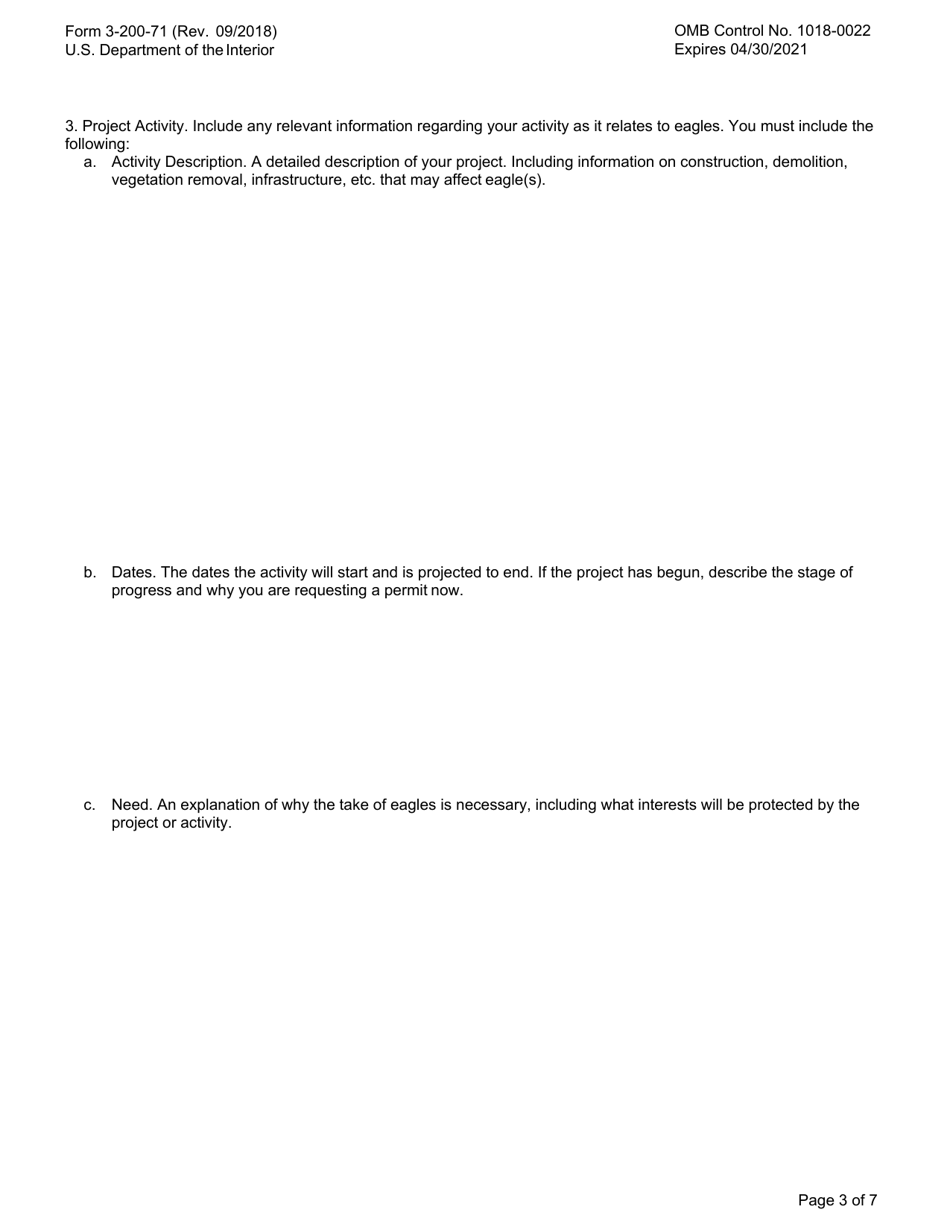 FWS Form 3-200-71 Federal Fish and Wildlife Permit Application Form - Eagle Take  Associated With but Not the Purpose of an Activity (Incidental Take), Page 3