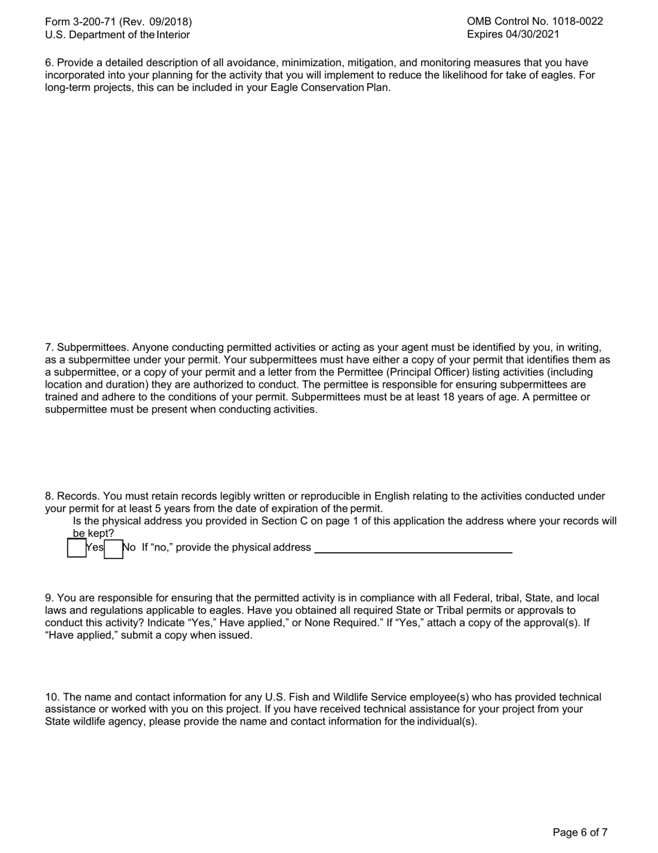 FWS Form 3-200-71 Federal Fish and Wildlife Permit Application Form - Eagle Take  Associated With but Not the Purpose of an Activity (Incidental Take), Page 6