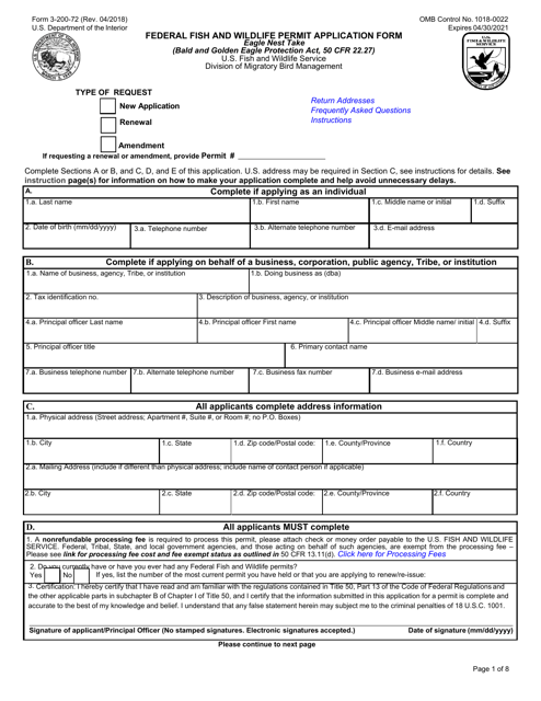 FWS Form 3-200-72  Printable Pdf