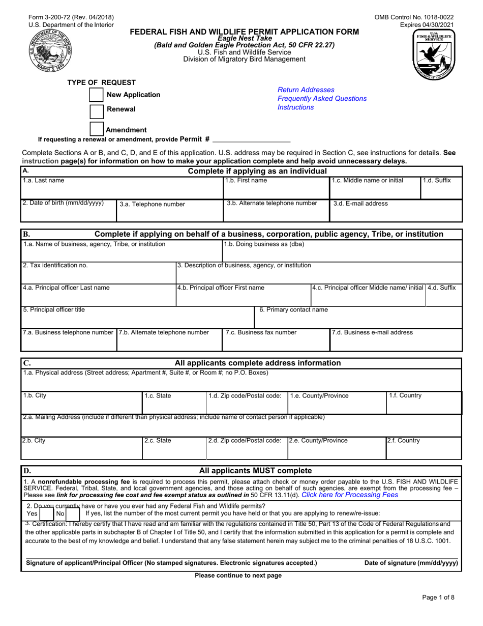 FWS Form 3-200-72 Federal Fish and Wildlife Permit Application Form - Eagle Nest Take, Page 1