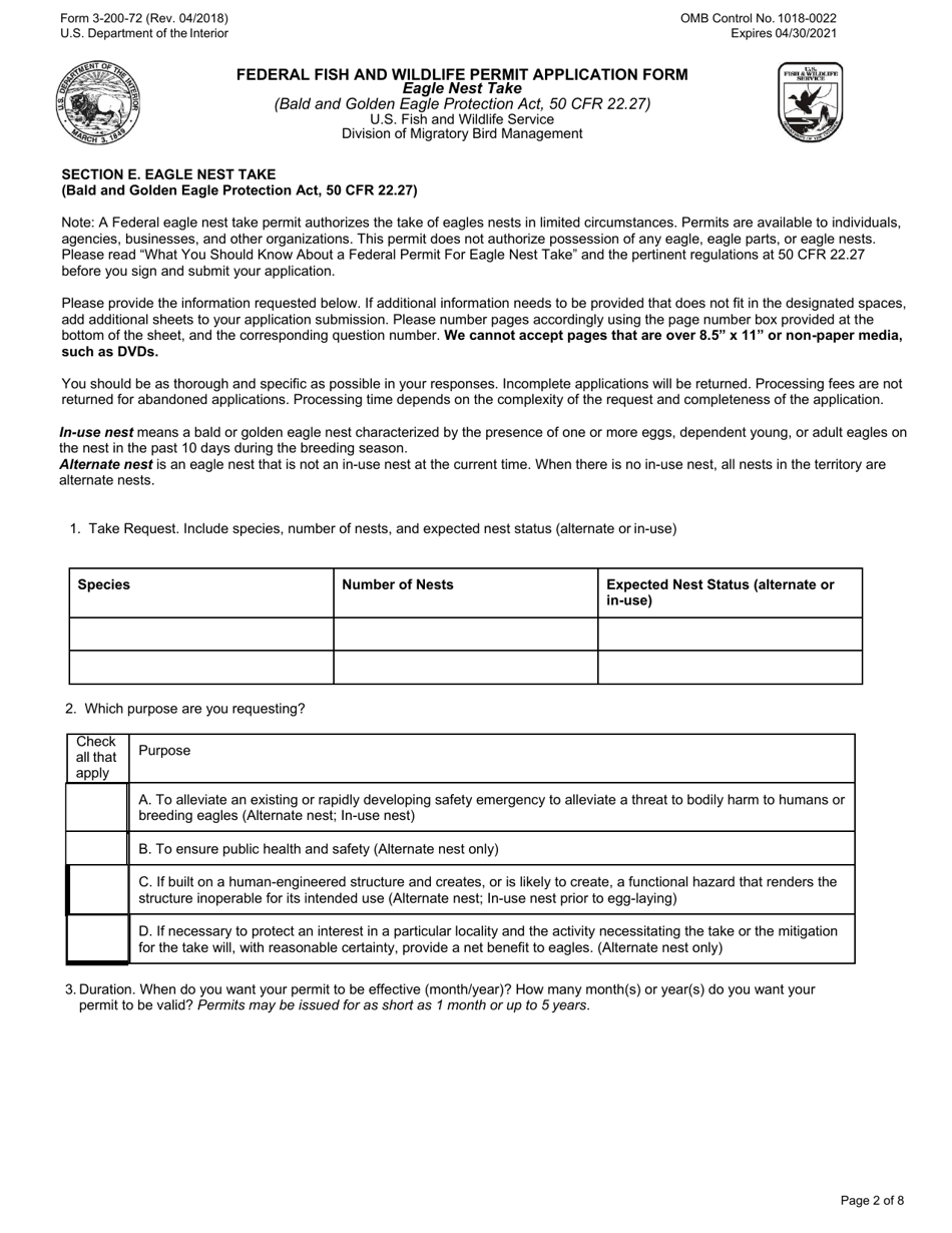 FWS Form 3-200-72 Federal Fish and Wildlife Permit Application Form - Eagle Nest Take, Page 2