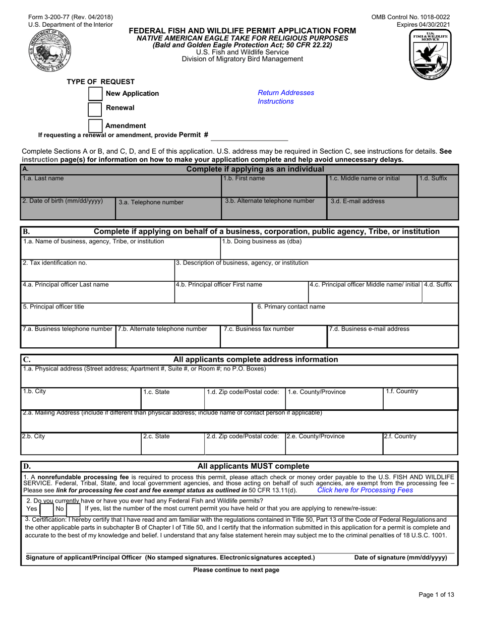 FWS Form 3-200-77 Federal Fish and Wildlife Permit Application Form - Native American Eagle Take for Religious Purposes, Page 1