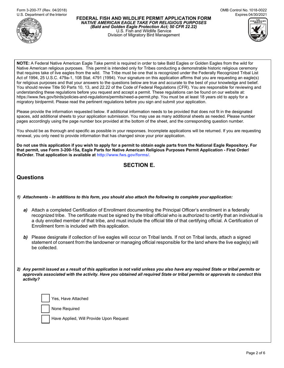 FWS Form 3-200-77 Federal Fish and Wildlife Permit Application Form - Native American Eagle Take for Religious Purposes, Page 2