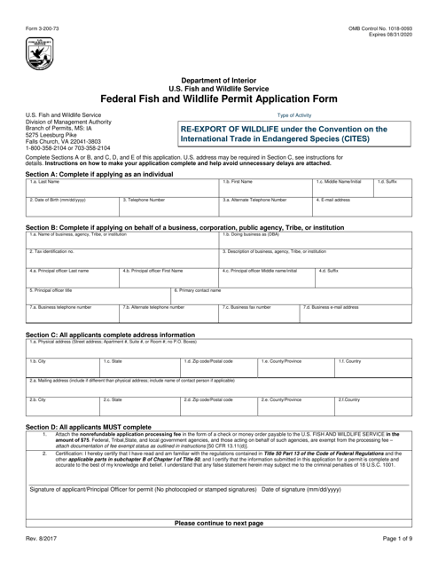 FWS Form 3-200-73 Federal Fish and Wildlife Permit Application Form - Re-export of Wildlife Under the Convention on the International Trade in Endangered Species (Cites)