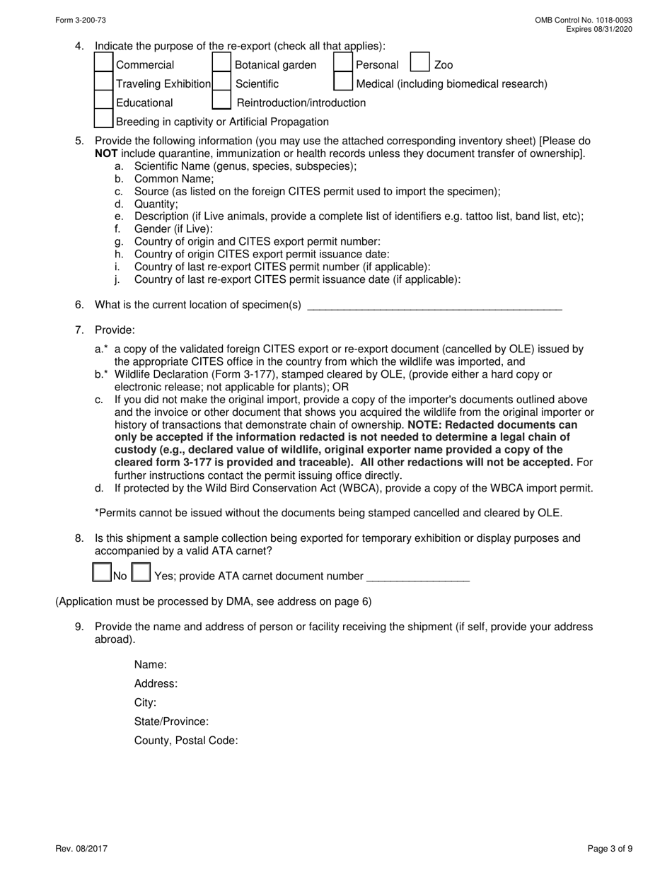 FWS Form 3-200-73 Federal Fish and Wildlife Permit Application Form - Re-export of Wildlife Under the Convention on the International Trade in Endangered Species (Cites), Page 3