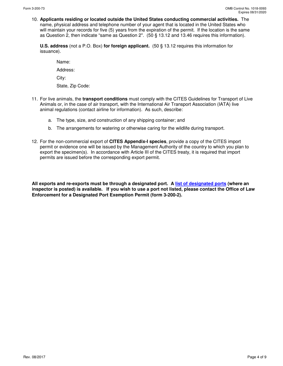 FWS Form 3-200-73 Federal Fish and Wildlife Permit Application Form - Re-export of Wildlife Under the Convention on the International Trade in Endangered Species (Cites), Page 4