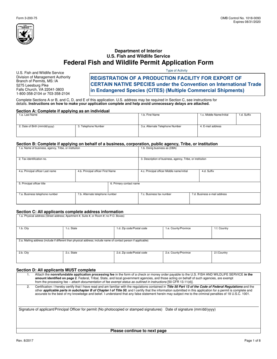 FWS Form 3-200-75 Federal Fish and Wildlife Permit Application Form - Registration of a Production Facility for Export of Certain Native Species Under the Convention on International Trade in Endangered Species (Cites) (Multiple Commercial Shipments), Page 1