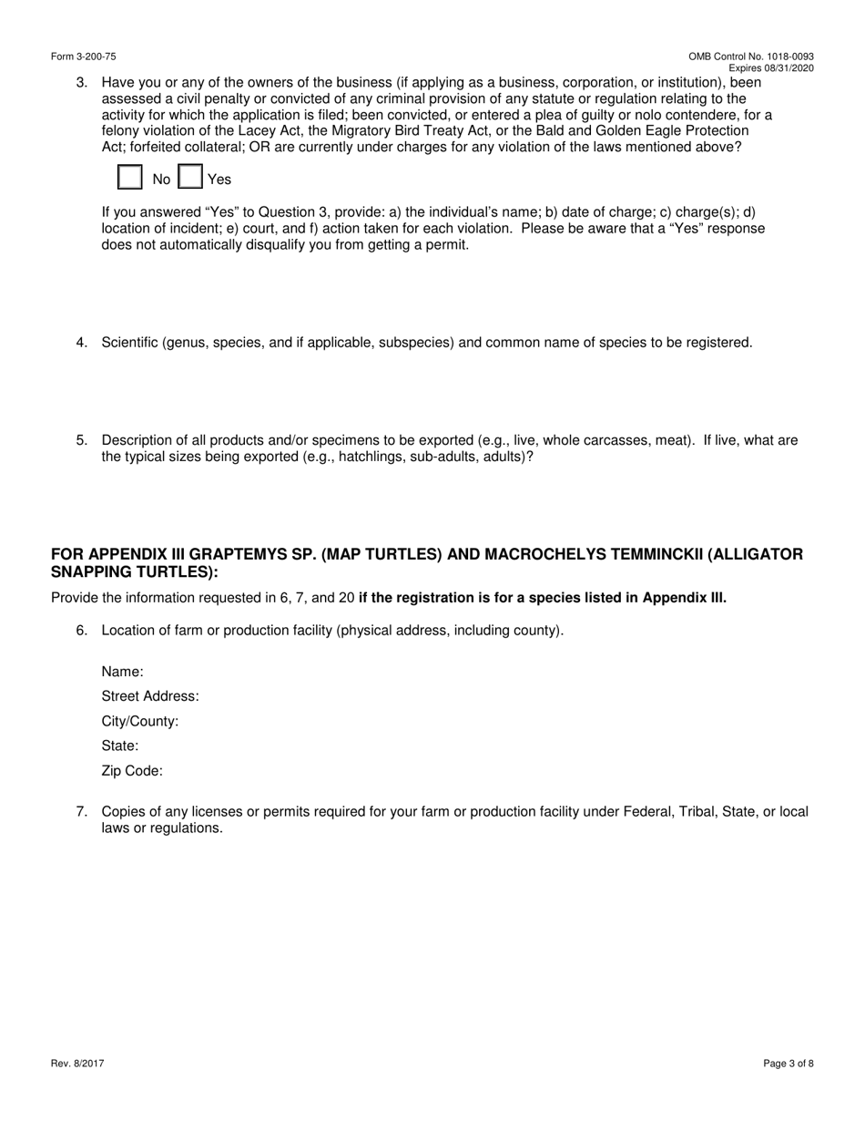 FWS Form 3-200-75 Federal Fish and Wildlife Permit Application Form - Registration of a Production Facility for Export of Certain Native Species Under the Convention on International Trade in Endangered Species (Cites) (Multiple Commercial Shipments), Page 3