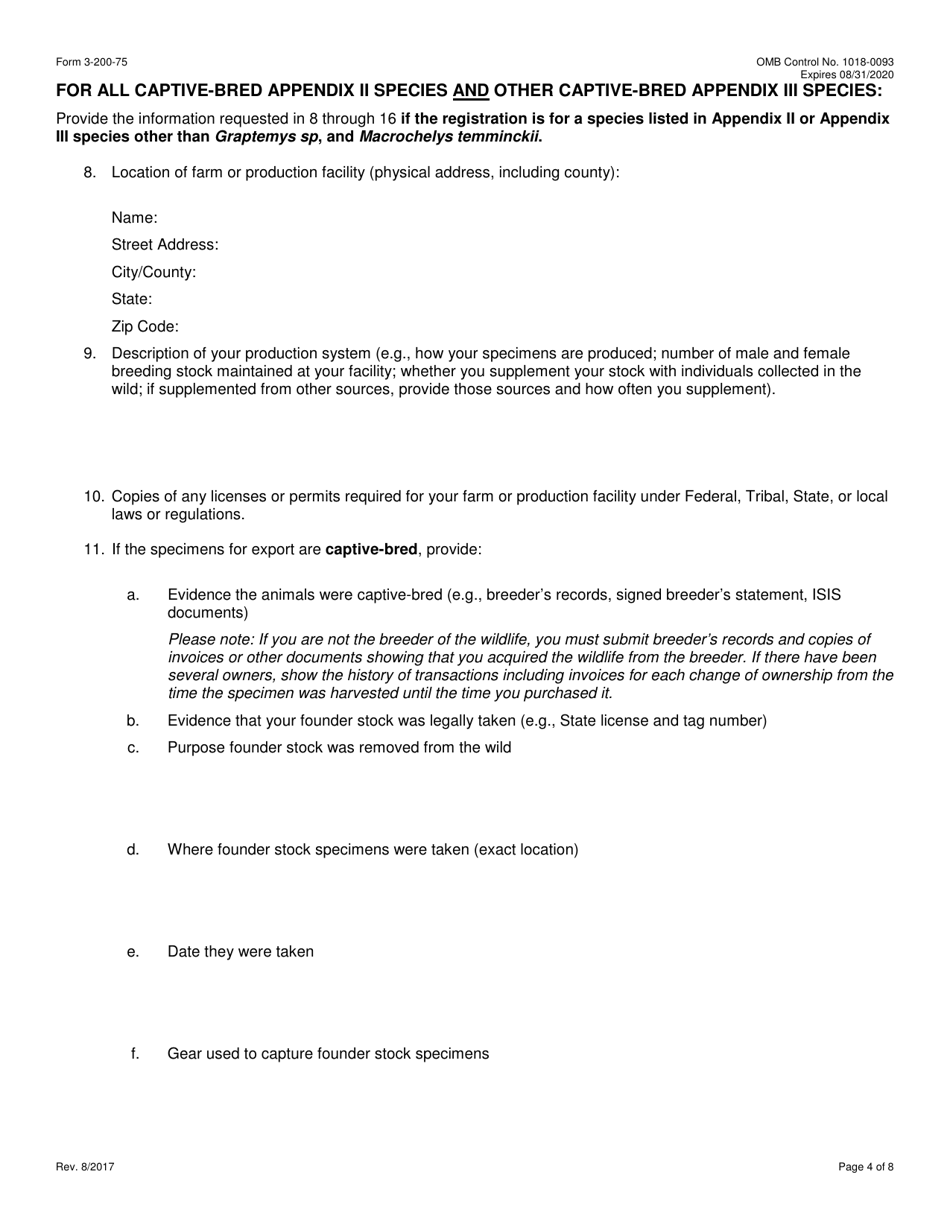 FWS Form 3-200-75 Federal Fish and Wildlife Permit Application Form - Registration of a Production Facility for Export of Certain Native Species Under the Convention on International Trade in Endangered Species (Cites) (Multiple Commercial Shipments), Page 4