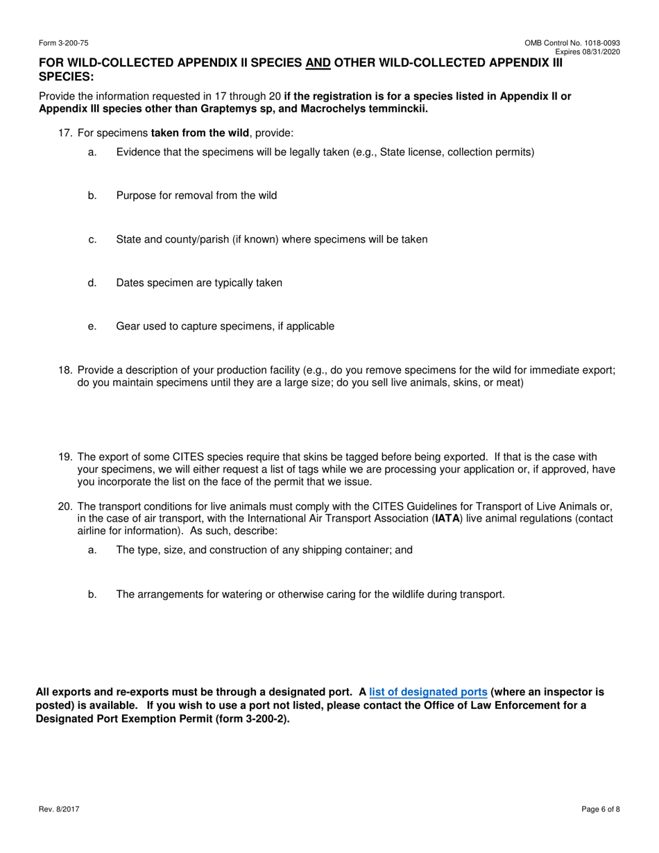 FWS Form 3-200-75 Federal Fish and Wildlife Permit Application Form - Registration of a Production Facility for Export of Certain Native Species Under the Convention on International Trade in Endangered Species (Cites) (Multiple Commercial Shipments), Page 6
