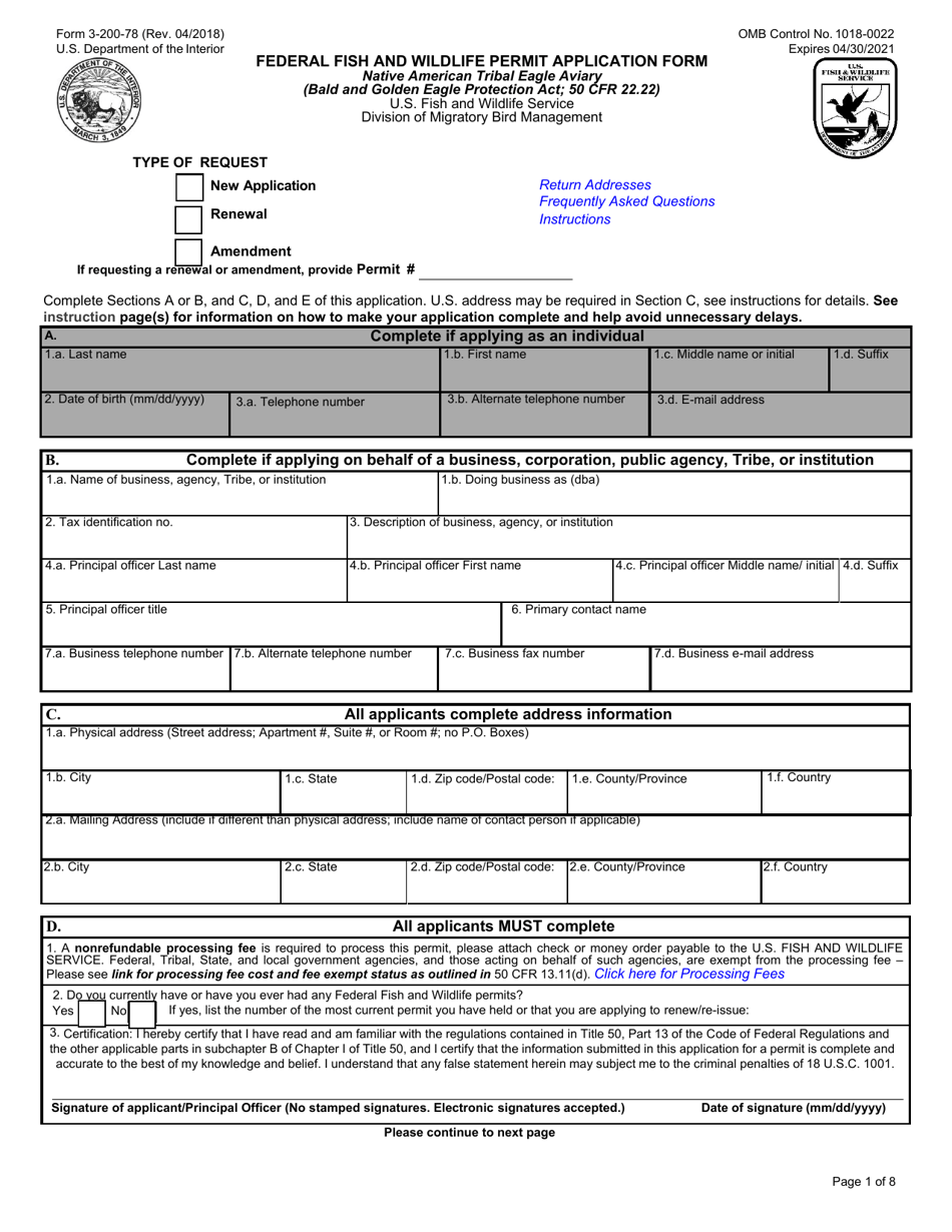 FWS Form 3-200-78 Federal Fish and Wildlife Permit Application Form - Native American Tribal Eagle Aviary, Page 1