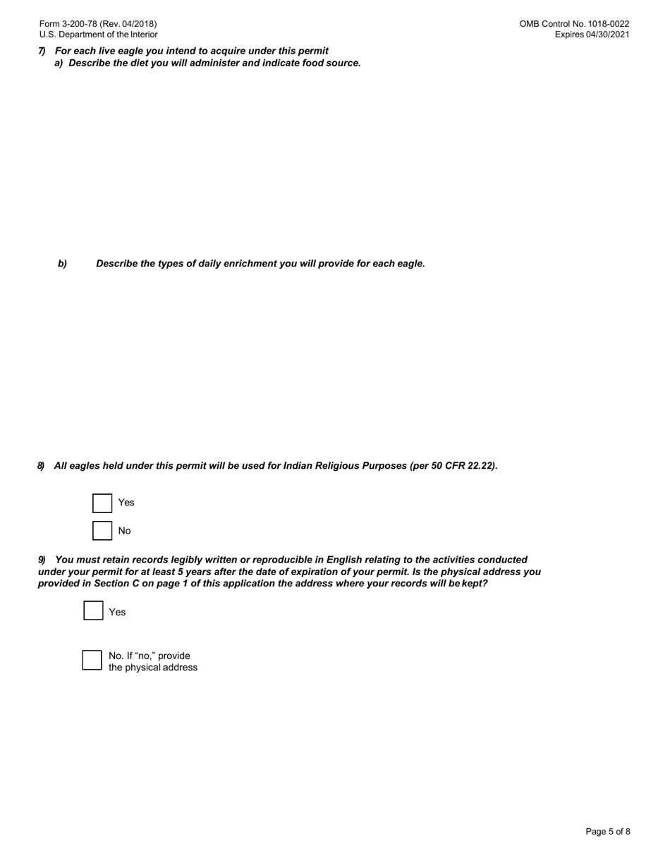 FWS Form 3-200-78 Federal Fish and Wildlife Permit Application Form - Native American Tribal Eagle Aviary, Page 5