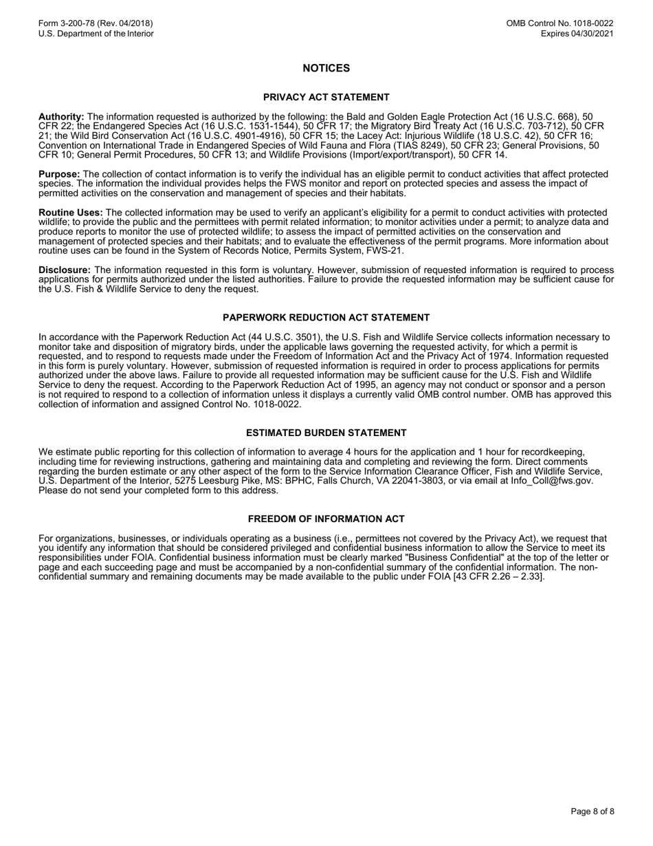 FWS Form 3-200-78 Federal Fish and Wildlife Permit Application Form - Native American Tribal Eagle Aviary, Page 8