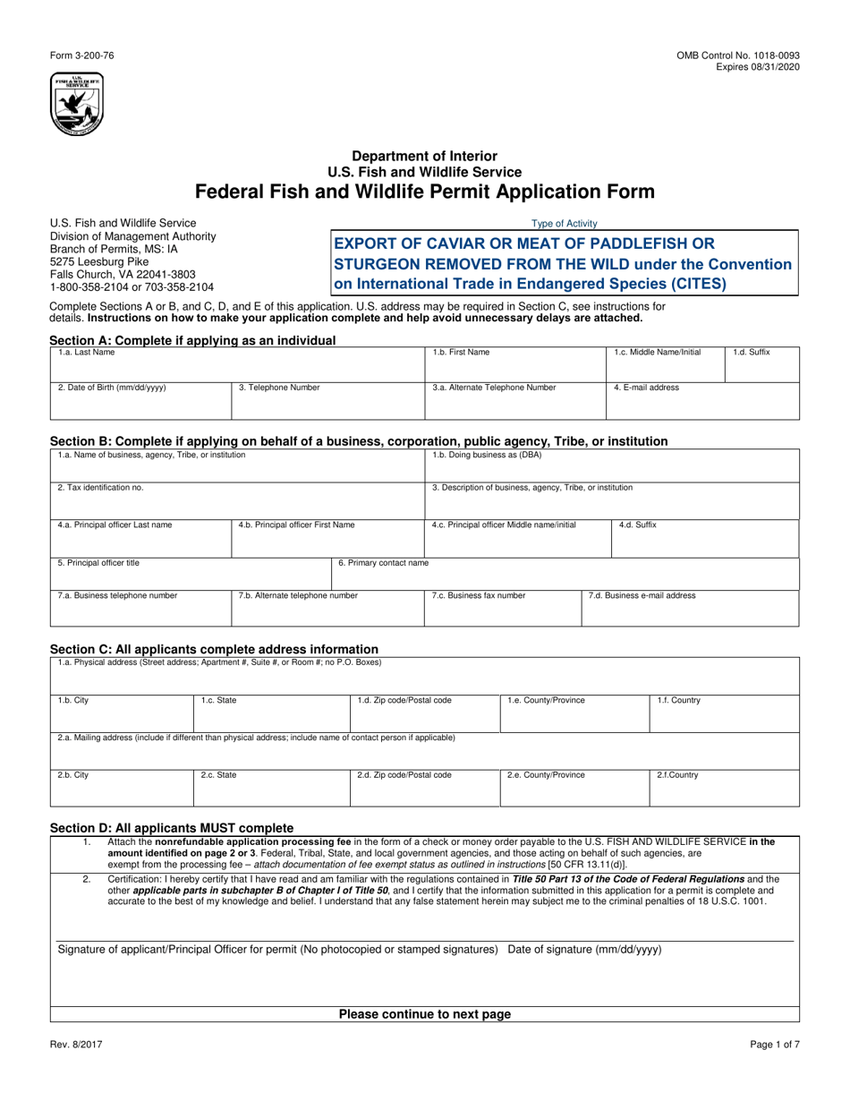 FWS Form 3-200-76 Federal Fish and Wildlife Permit Application Form - Export of Caviar or Meat of Paddlefish or Sturgeon Removed From the Wild Under the Convention on International Trade in Endangered Species (Cites), Page 1