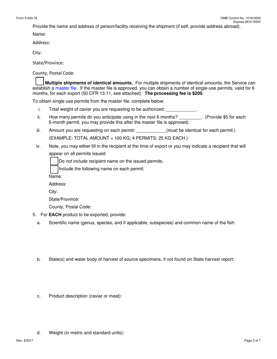FWS Form 3-200-76 Federal Fish and Wildlife Permit Application Form - Export of Caviar or Meat of Paddlefish or Sturgeon Removed From the Wild Under the Convention on International Trade in Endangered Species (Cites), Page 3