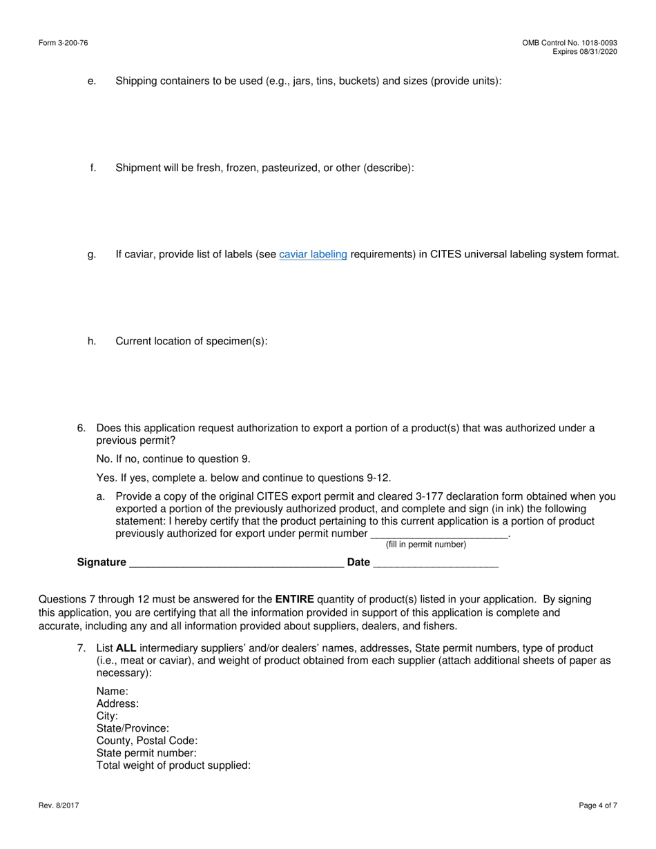 FWS Form 3-200-76 Federal Fish and Wildlife Permit Application Form - Export of Caviar or Meat of Paddlefish or Sturgeon Removed From the Wild Under the Convention on International Trade in Endangered Species (Cites), Page 4