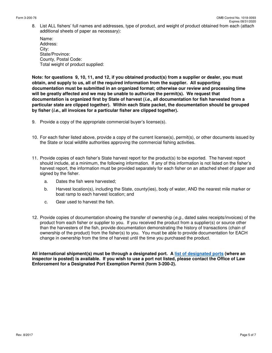 FWS Form 3-200-76 Federal Fish and Wildlife Permit Application Form - Export of Caviar or Meat of Paddlefish or Sturgeon Removed From the Wild Under the Convention on International Trade in Endangered Species (Cites), Page 5