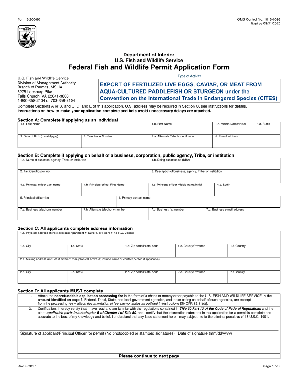 FWS Form 3-200-80 Federal Fish and Wildlife Permit Application Form - Export of Fertilized Live Eggs, Caviar, or Meat From Aqua-Cultured Paddlefish or Sturgeon Under the Convention on the International Trade in Endangered Species (Cites), Page 1