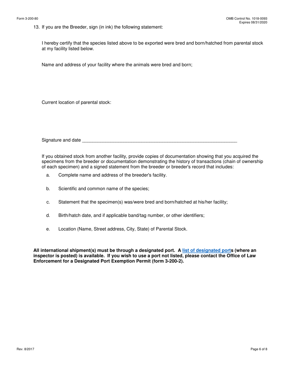 FWS Form 3-200-80 Federal Fish and Wildlife Permit Application Form - Export of Fertilized Live Eggs, Caviar, or Meat From Aqua-Cultured Paddlefish or Sturgeon Under the Convention on the International Trade in Endangered Species (Cites), Page 6