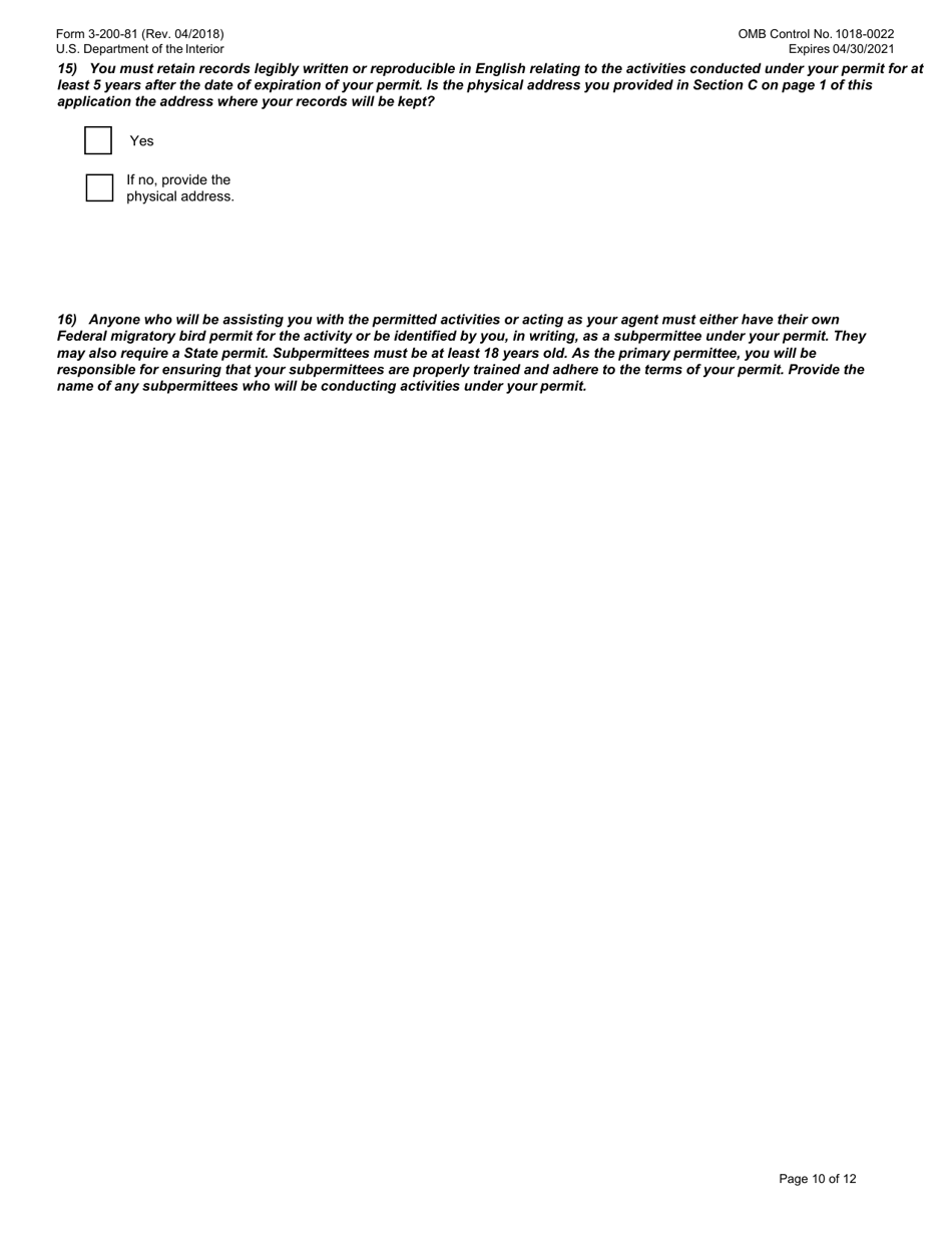 FWS Form 3-200-81 Federal Fish and Wildlife Permit Application Form - Special Purpose  Utility, Page 10
