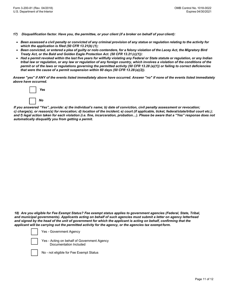 FWS Form 3-200-81 Federal Fish and Wildlife Permit Application Form - Special Purpose  Utility, Page 11