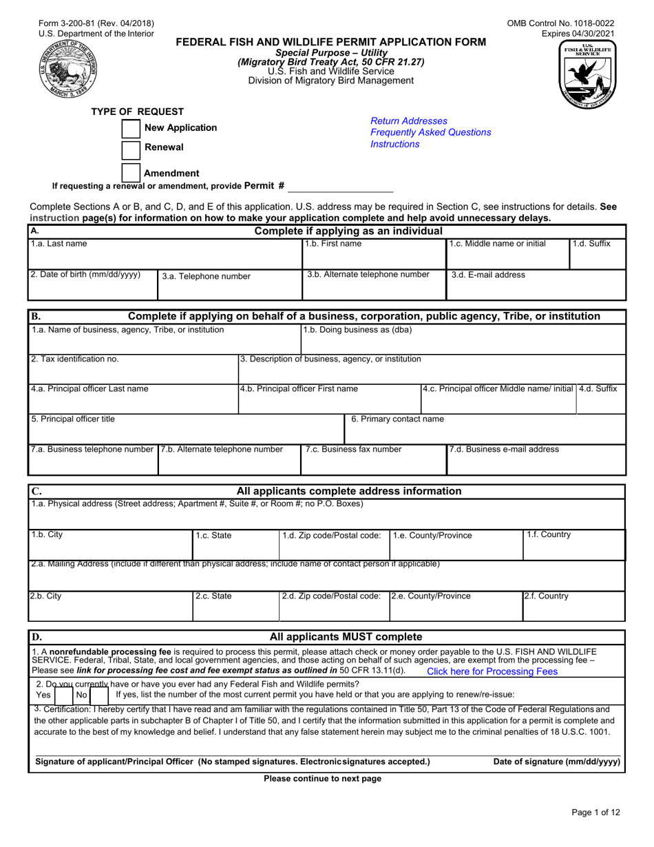 FWS Form 3-200-81 Federal Fish and Wildlife Permit Application Form - Special Purpose  Utility, Page 1