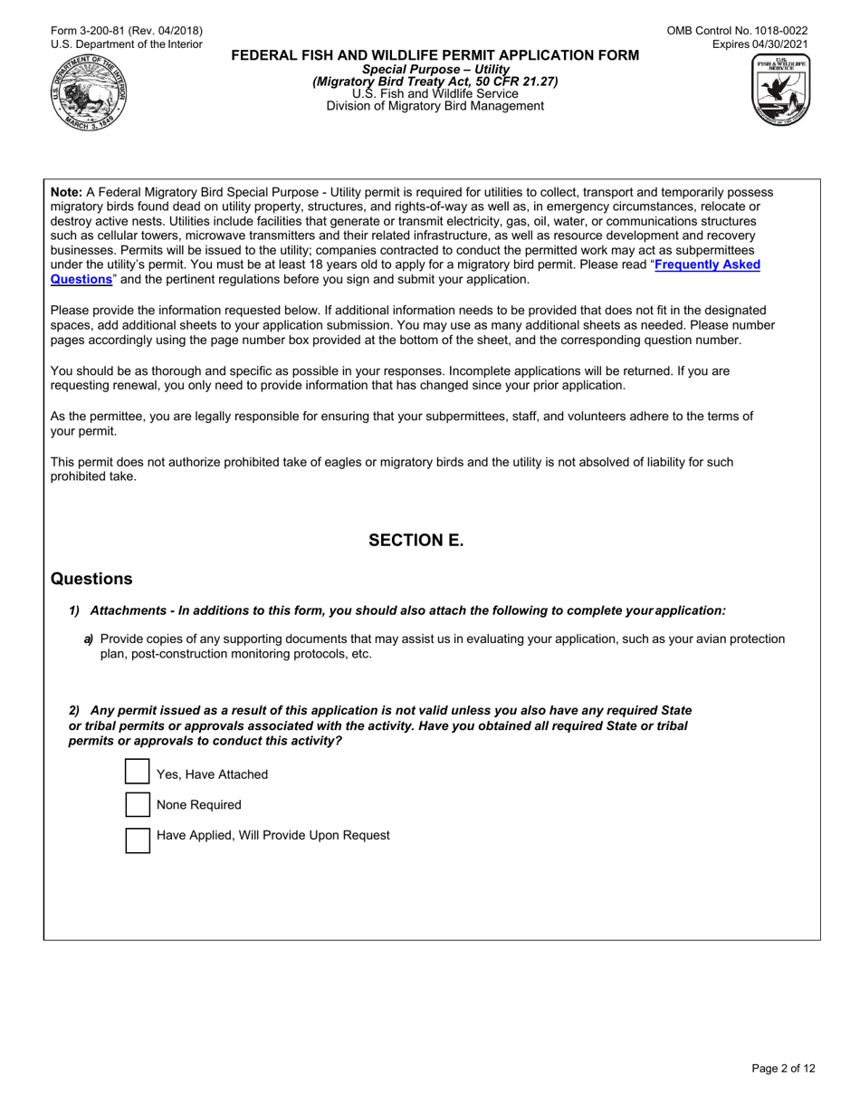 FWS Form 3-200-81 Federal Fish and Wildlife Permit Application Form - Special Purpose  Utility, Page 2