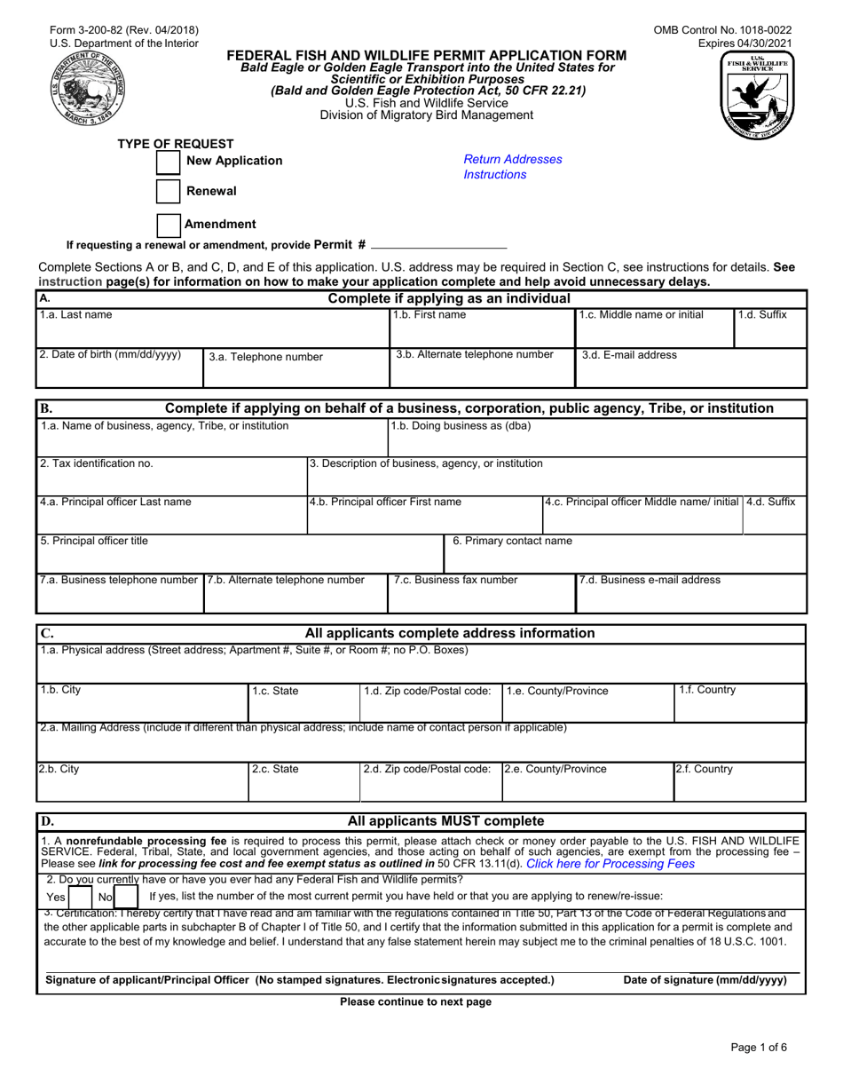 FWS Form 3-200-82 Federal Fish and Wildlife Permit Application Form - Bald Eagle or Golden Eagle Transport Into the United States for Scientific or Exhibition Purposes, Page 1
