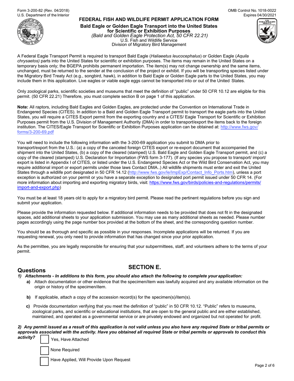 FWS Form 3-200-82 Federal Fish and Wildlife Permit Application Form - Bald Eagle or Golden Eagle Transport Into the United States for Scientific or Exhibition Purposes, Page 2