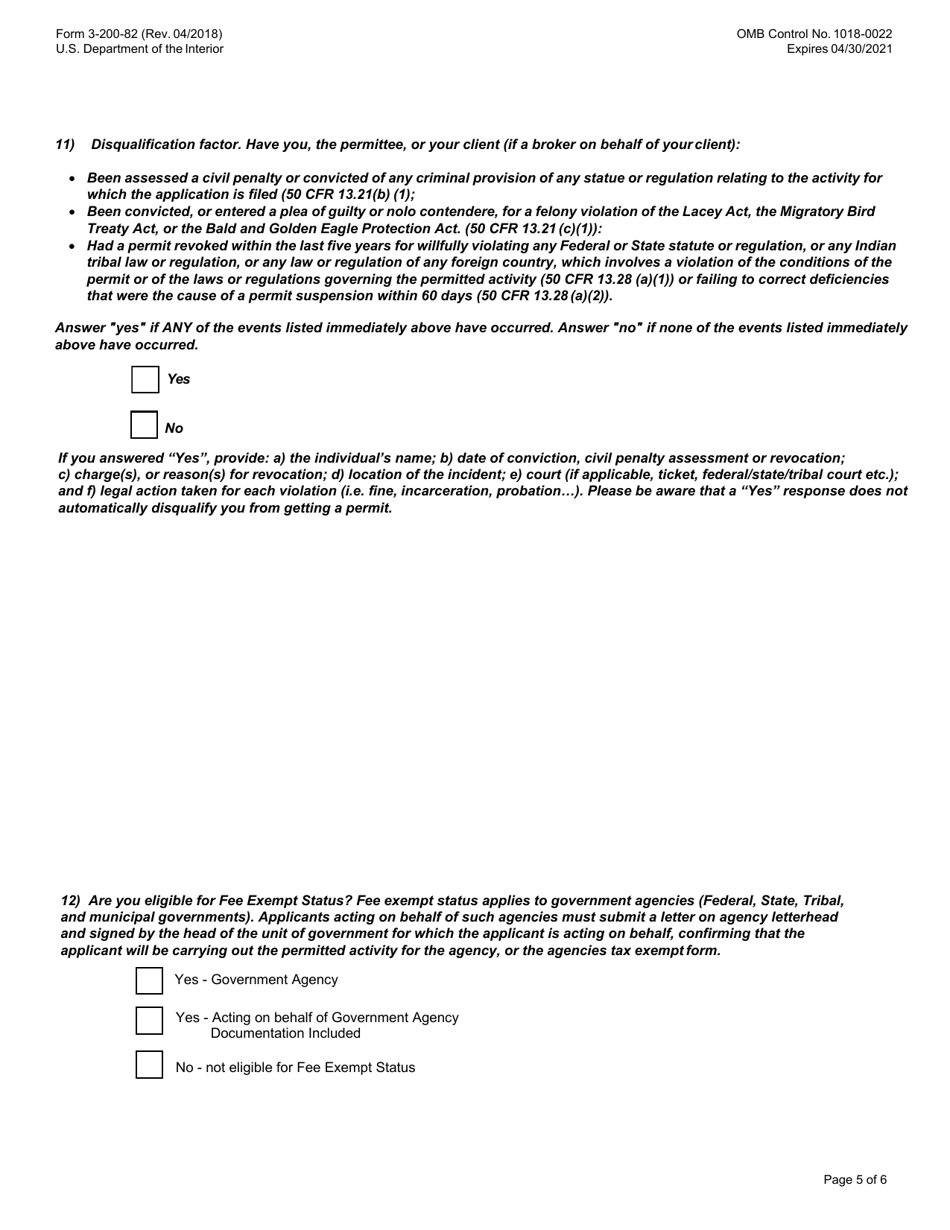 FWS Form 3-200-82 Federal Fish and Wildlife Permit Application Form - Bald Eagle or Golden Eagle Transport Into the United States for Scientific or Exhibition Purposes, Page 5