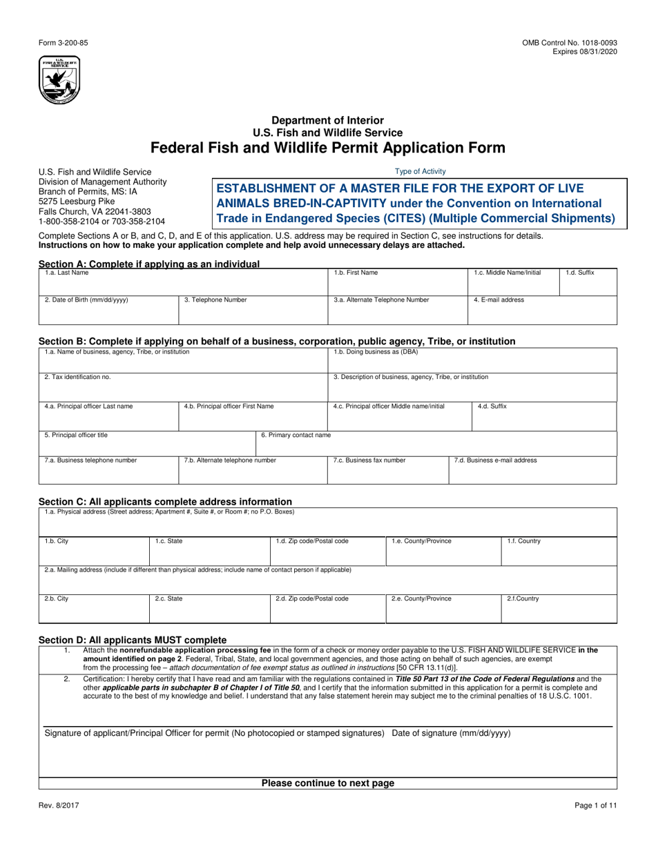 FWS Form 3-200-85 Permit Application Form: Establishment of a Master File for the Export of Live Animals Bred in Captivity Under Cites (Multiple Commercial Shipments), Page 1