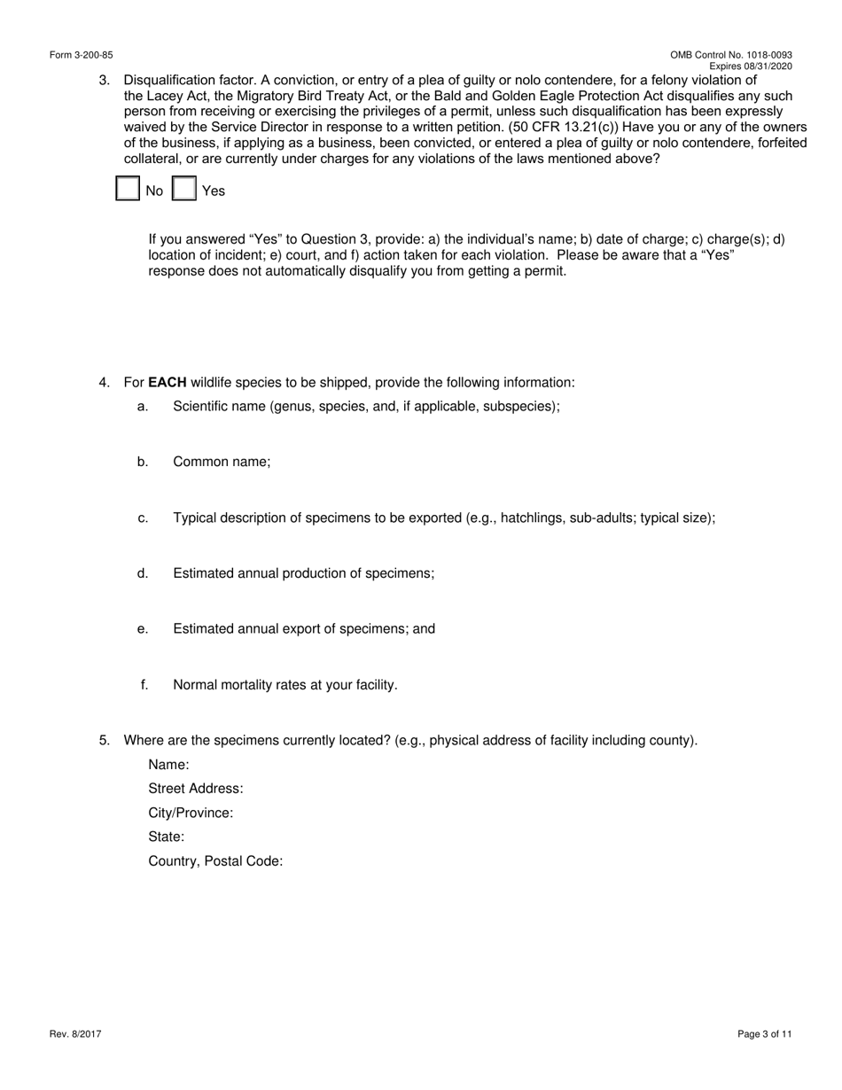 FWS Form 3-200-85 Permit Application Form: Establishment of a Master File for the Export of Live Animals Bred in Captivity Under Cites (Multiple Commercial Shipments), Page 3
