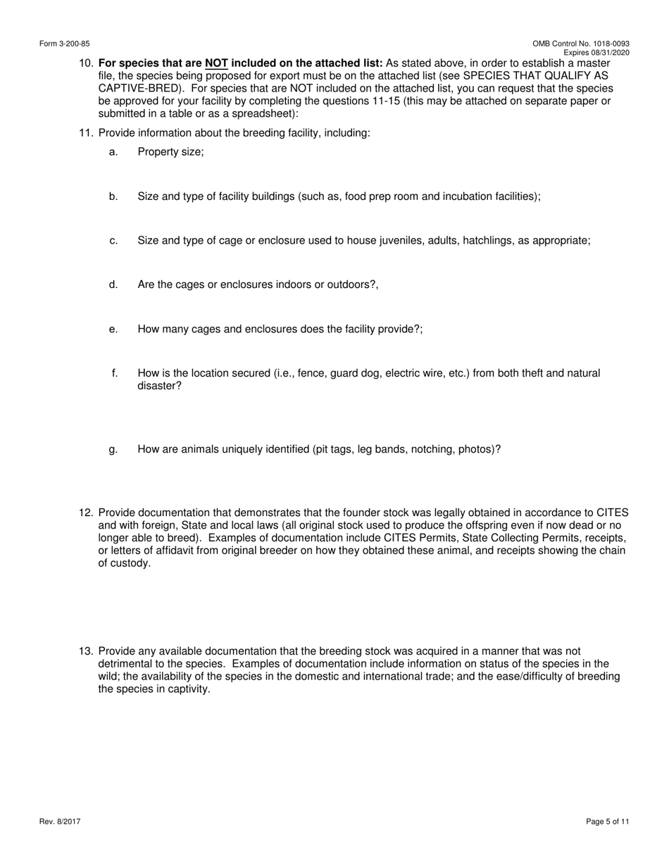 FWS Form 3-200-85 Permit Application Form: Establishment of a Master File for the Export of Live Animals Bred in Captivity Under Cites (Multiple Commercial Shipments), Page 5