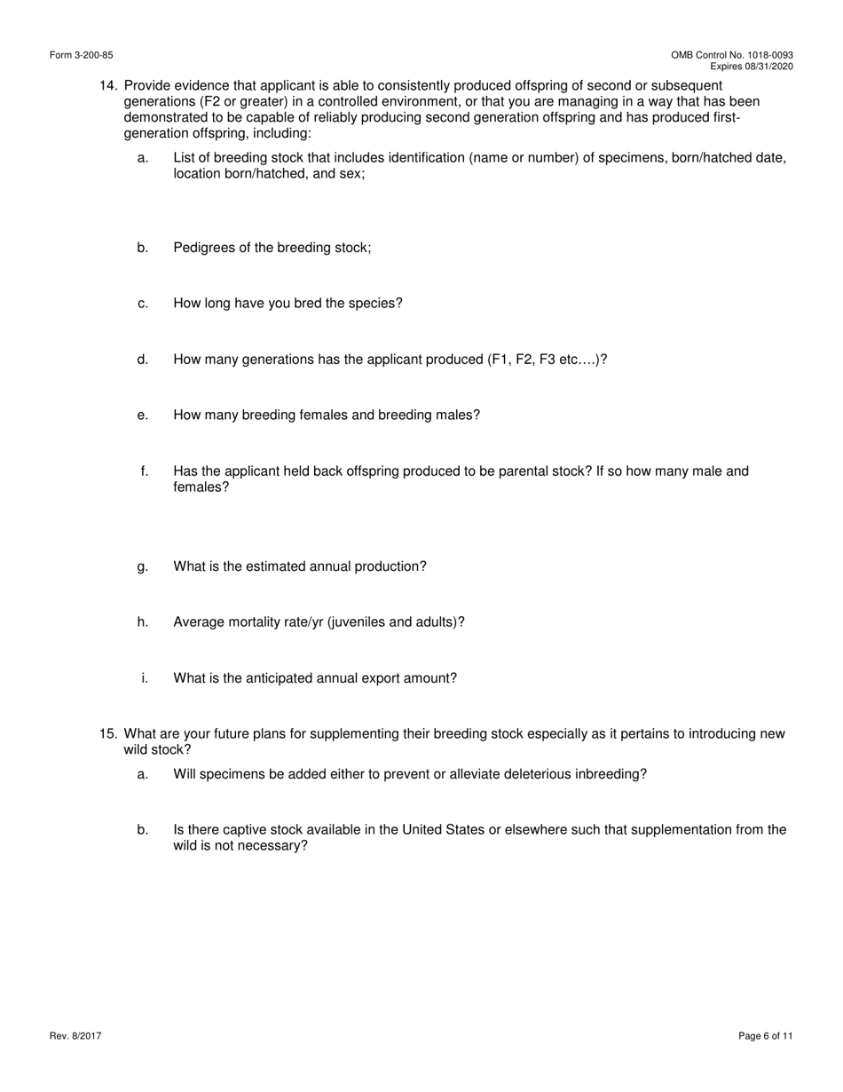 FWS Form 3-200-85 Permit Application Form: Establishment of a Master File for the Export of Live Animals Bred in Captivity Under Cites (Multiple Commercial Shipments), Page 6