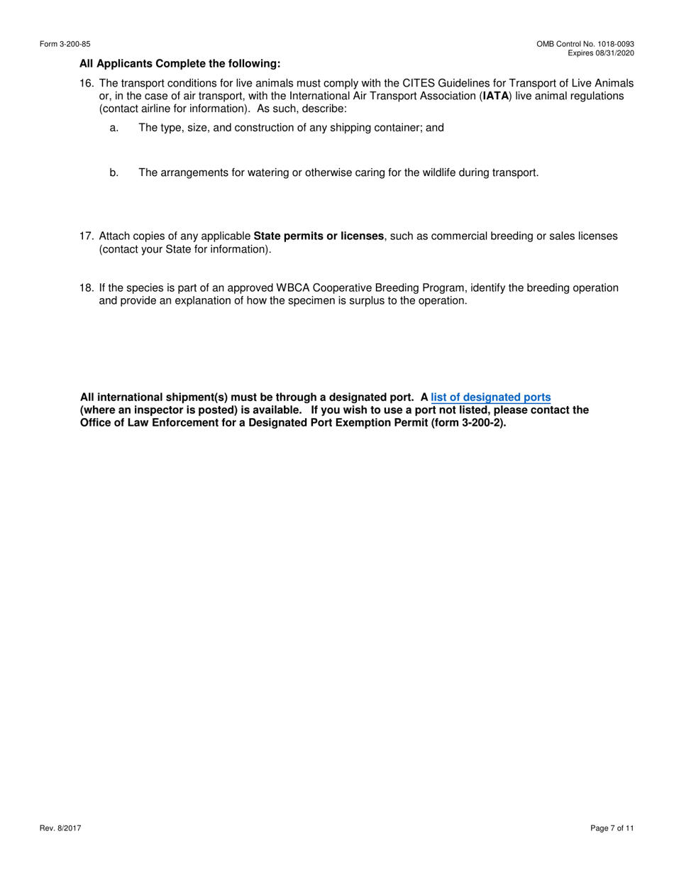 FWS Form 3-200-85 Permit Application Form: Establishment of a Master File for the Export of Live Animals Bred in Captivity Under Cites (Multiple Commercial Shipments), Page 7
