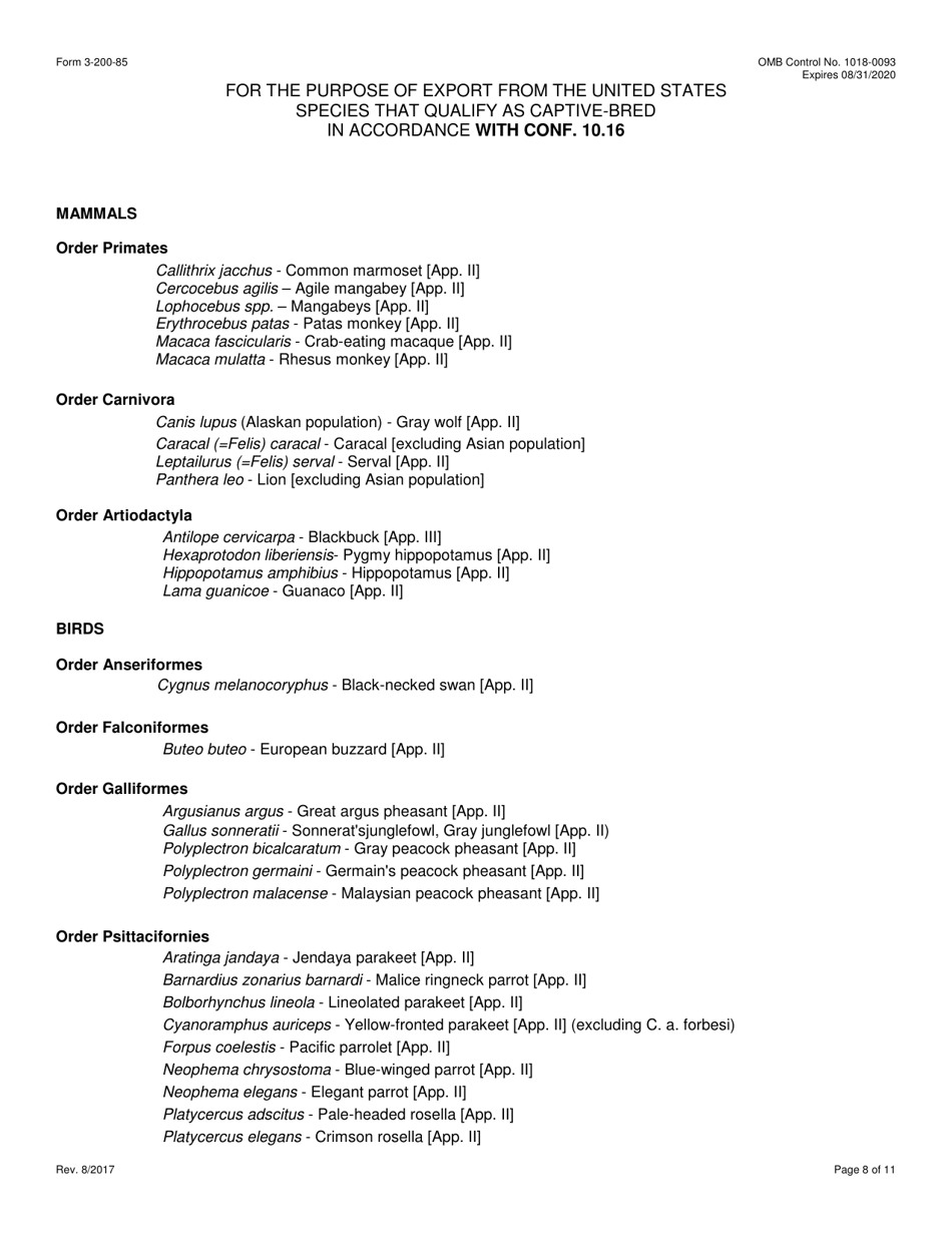 FWS Form 3-200-85 Permit Application Form: Establishment of a Master File for the Export of Live Animals Bred in Captivity Under Cites (Multiple Commercial Shipments), Page 8
