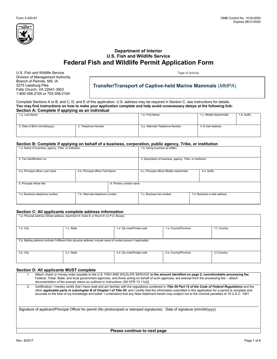 FWS Form 3-200-87 Federal Fish and Wildlife Permit Application Form - Transfer / Transport of Captive-Held Marine Mammals (Mmpa), Page 1